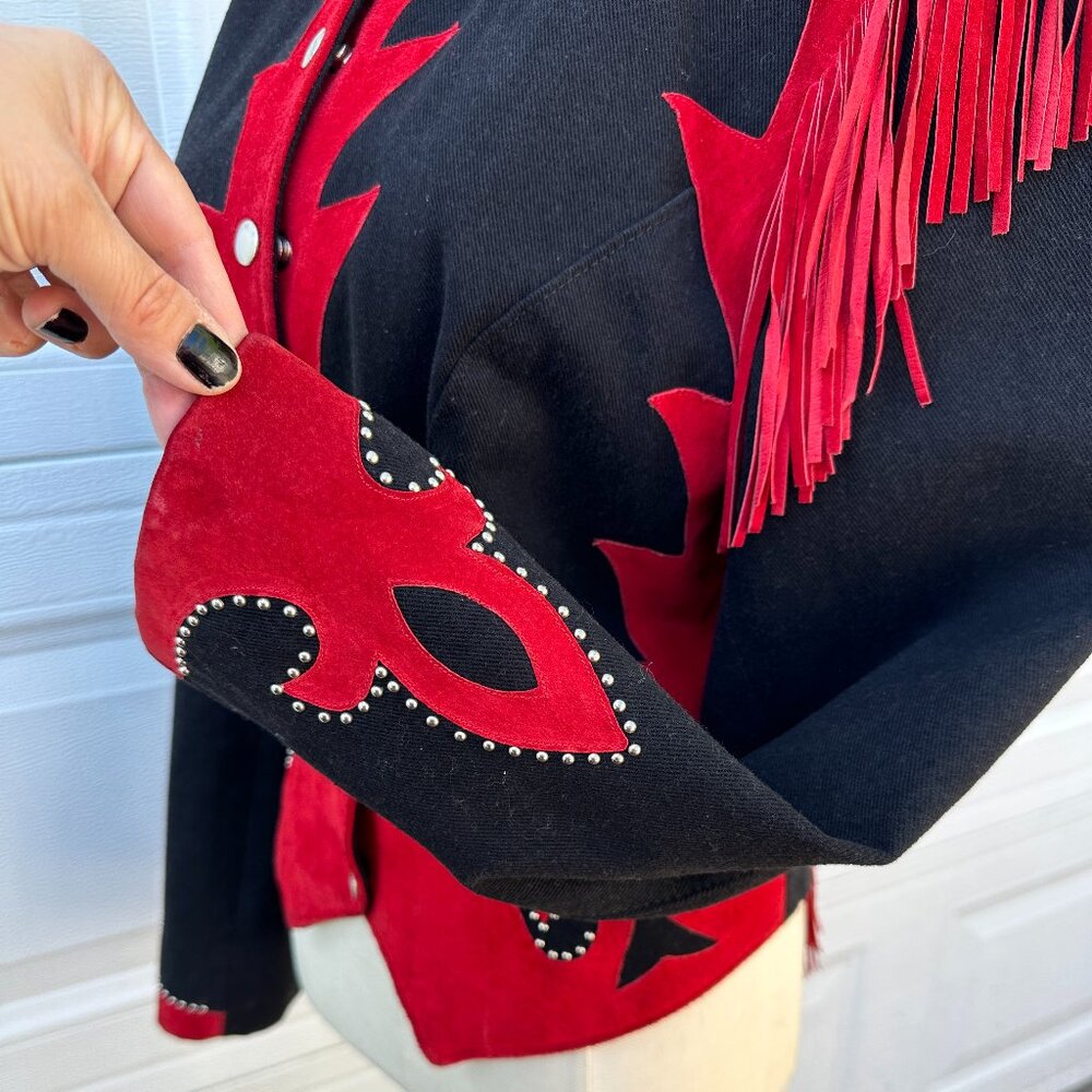 Vtg Western Suede Jacket Coat Tassels Fringe Red Black Corduroy Diamonds Leather - Picture 6 of 15